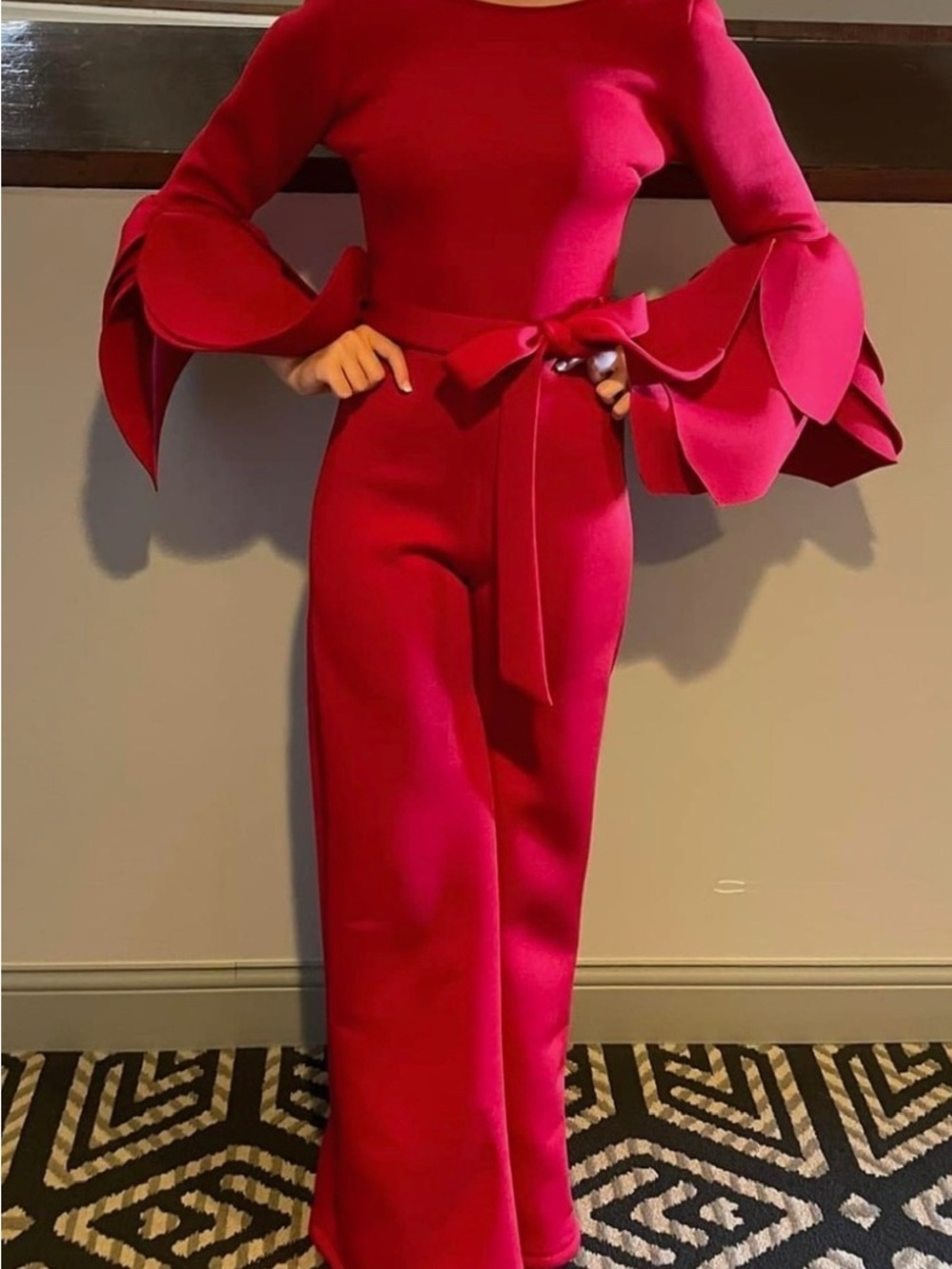 Scuba Red Bell-Sleeve Pageant Jumpsuit with Waist Tie